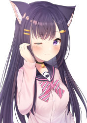 Rule 34 | 1girl, absurdres, animal ears, beige jacket, bell, black hair, blush, bow, bowtie, cat ears, character request, collar, commentary request, copyright request, fish hair ornament, hair ornament, hairclip, highres, jacket, long hair, long sleeves, looking at viewer, nari (narikashi), neck bell, one eye closed, pink bow, pink neckwear, purple eyes, simple background, smile, solo, striped bow, striped bowtie, striped clothes, upper body, virtual youtuber, white background, white bow, white neckwear
