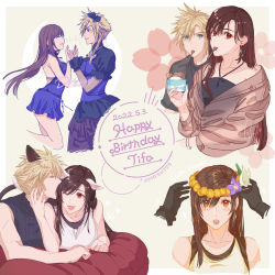 Rule 34 | 1boy, 1girl, alternate costume, animal ears, backless dress, backless outfit, bare shoulders, blonde hair, blue dress, blue eyes, blush, brown hair, cat ears, cat tail, cloud strife, couple, crossdressing, dated, dress, earrings, final fantasy, final fantasy vii, final fantasy vii remake, flower, food, gloves, happy birthday, head wreath, highres, holding, holding food, ice cream, jewelry, kudou asami, long hair, official alternate costume, red eyes, sleeveless, sleeveless dress, sleeveless turtleneck, spiked hair, tail, tank top, tifa lockhart, tifa lockhart (refined dress), turtleneck, utensil in mouth, wall market