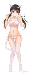 Rule 34 | 1girl, :o, absurdres, ahoge, animal ear legwear, animal ears, bare arms, bare shoulders, bell, black hair, blunt bangs, blush, bra, breasts, brown eyes, cat cutout, cat ear legwear, cat ear panties, cat ears, cat hair ornament, cat lingerie, cat tail, choker, cleavage, cleavage cutout, clothing cutout, collarbone, dated, frilled bra, frills, full body, groin, hair ornament, hair ribbon, hands up, highres, jingle bell, long hair, looking at viewer, low twintails, medium breasts, meme attire, navel, neck bell, nose blush, original, panties, qi==qi, ribbon, shiny clothes, shiny skin, side-tie panties, signature, solo, stomach, tail, thigh gap, thighhighs, transparent background, twintails, underwear, underwear only, white bra, white choker, white panties, white ribbon, white thighhighs