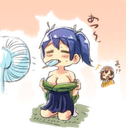 Rule 34 | 10s, 2girls, ^^^, bare shoulders, blue hair, blush, breasts, brown hair, cleavage, commentary request, electric fan, engiyoshi, closed eyes, food, hiryuu (kancolle), japanese clothes, kantai collection, large breasts, mouth hold, multiple girls, open mouth, popsicle, revision, seiza, short hair, side ponytail, sitting, skirt, souryuu (kancolle), sweat, twintails, undressing, wind