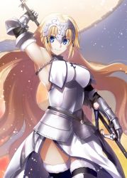 Rule 34 | 1girl, absurdly long hair, arm up, armor, armored dress, banner, black gloves, black thighhighs, blonde hair, blue eyes, cowboy shot, dress, elbow gloves, fate/apocrypha, fate (series), floating hair, fur trim, gauntlets, gloves, holding, holding weapon, jeanne d&#039;arc (fate), jeanne d&#039;arc (ruler) (fate), jeanne d&#039;arc (third ascension) (fate), long hair, nina (pastime), sheath, sheathed, sleeveless, sleeveless dress, smile, solo, standing, sword, thighhighs, very long hair, weapon, white dress
