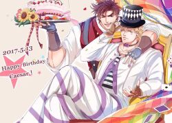Rule 34 | 2boys, adjusting clothes, adjusting headwear, argyle, argyle clothes, argyle hat, battle tendency, blonde hair, bow, bowtie, brown hair, caesar anthonio zeppeli, cake, card, crossed legs, dated, facial mark, fingerless gloves, food, gloves, grin, happy birthday, hat, holding, holding cake, holding food, holding tray, jacket, jojo no kimyou na bouken, male focus, multiple boys, one eye closed, pants, playing card, r9exx, sitting, smile, star (symbol), striped clothes, striped pants, suspenders, sweater vest, top hat, tray, triangle print, white jacket