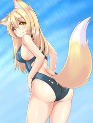 Rule 34 | 1girl, animal ear fluff, animal ears, ass, back, bare arms, bare shoulders, black one-piece swimsuit, blonde hair, blue sky, breasts, closed mouth, competition swimsuit, covered erect nipples, cowboy shot, day, eyebrows, fox ears, fox tail, from behind, hair between eyes, highres, long hair, looking back, medium breasts, one-piece swimsuit, orange eyes, original, shiny skin, sideboob, sky, smile, sogaya, solo, swimsuit, tail, very long hair