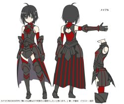 Rule 34 | 1girl, ahoge, armor, armored boots, back, bare shoulders, black armor, black eyes, black footwear, black gloves, black hair, bob cut, boots, bracer, character name, character sheet, concept art, detached sleeves, dot nose, expressionless, faulds, full body, gloves, hair between eyes, hair ornament, hair strand, itai no wa iya nano de bougyoryoku ni kyokufuri shitai to omoimasu, koin (foxmark), looking at viewer, maple (bofuri), multiple views, official art, outstretched arm, production art, red sleeves, red thighhighs, short hair, showgirl skirt, simple background, standing, thigh boots, thighhighs, thighhighs under boots, translated, turnaround, turtleneck, white background, zettai ryouiki