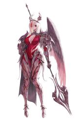 Rule 34 | angel, angel wings, armor, bodysuit, breasts, circlet, covered navel, greaves, green eyes, hair over eyes, hand on own hip, highres, holding, holding polearm, holding weapon, kou (kokounene), large breasts, leg armor, legs, long legs, multicolored hair, narrow waist, original, polearm, red bodysuit, red hair, scoop neck, shoulder armor, simple background, single wing, skin tight, spear, thick thighs, thighs, tight clothes, weapon, white background, white hair, wide hips, wings