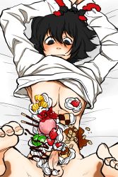 Rule 34 | 1boy, barefoot, black hair, cherry, clothes lift, cream, death note, erection, food, fruit, ice cream, kiwi (fruit), l (death note), lying, male focus, no pants, on back, on bed, penis, shirt lift, spread legs, strawberry, tagme, testicles