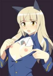 Rule 34 | 1girl, animal ears, blonde hair, blush, breasts, ascot, female focus, long hair, military, military uniform, nipples, open clothes, open mouth, open shirt, perrine h. clostermann, shirt, small breasts, solo, strike witches, suyoko, uniform, world witches series, yellow eyes