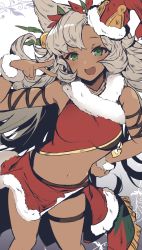 Rule 34 | 1girl, animal ears, blush, breasts, commentary, dark-skinned female, dark skin, erune, fang, feet out of frame, gradient background, granblue fantasy, green eyes, grey hair, hand on own hip, highres, long hair, looking at viewer, navel, nemone, nozomu144, official alternate costume, open mouth, santa costume, skin fang, small breasts, smile, solo, standing, symbol-only commentary, thigh strap, v