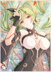 Rule 34 | 1girl, absurdres, ai-chan (chrono navi) (honkai impact), ai-chan (honkai impact), bare shoulders, black dress, black gloves, blackheart`, breasts, chinese commentary, commentary, commentary request, dress, earrings, fingerless gloves, gloves, green hair, hair ornament, highres, honkai (series), honkai impact 3rd, jewelry, long hair, looking at viewer, lying, medium breasts, on back, parted lips, petals, red eyes, solo, twintails, water