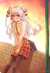 Rule 34 | 1girl, alternate costume, amatsukaze (kancolle), bad id, bad pixiv id, bag, between breasts, black legwear, blush, breasts, breath, brick wall, evening, hair tubes, highres, irokiiro, kantai collection, long hair, long sleeves, open mouth, outdoors, own hands together, red skirt, silver hair, skirt, solo, strap between breasts, striped, sweater, twitter username, two side up