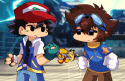 Rule 34 | agumon, ash ketchum, creatures (company), digimon, digimon (creature), friday night funkin&#039;, game freak, gen 1 pokemon, gloves, goggles, goggles on head, jacket, looking at another, nintendo, parody, pikachu, pokemon, pokemon (anime), pokemon (classic anime), pokemon (creature), style parody, yagami taichi