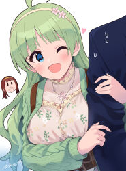 Rule 34 | 1boy, 2girls, :&lt;, ;d, ahoge, artist name, blue eyes, blunt bangs, blush, breasts, dot nose, eyelashes, floral print shirt, flower, formal, green hair, green sweater, hair flower, hair ornament, hairband, hand on own chin, head only, heart, highres, holding another&#039;s arm, idolmaster, idolmaster million live!, idolmaster million live! theater days, ima (lm ew), jewelry, lace, lace-trimmed shirt, lace trim, large breasts, long hair, long sleeves, multiple girls, necklace, one eye closed, open mouth, private dress (idolmaster million live!), producer (idolmaster), red hair, shimabara elena, shirt, sidelocks, smile, suit, sweat, sweater, tanaka kotoha, upper body, wavy hair, yellow hairband