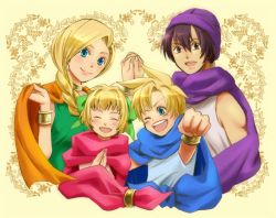 Rule 34 | 2boys, 2girls, age difference, bianca (dq5), blonde hair, blue eyes, braid, brother and sister, cape, child, choker, dragon quest, dragon quest v, family, father and daughter, father and son, hair over shoulder, holding hands, happy, hero&#039;s daughter (dq5), hero&#039;s son (dq5), hero (dq5), mother and daughter, mother and son, multiple boys, multiple girls, shio (orange lounge), siblings, single braid, smile, turban, twins
