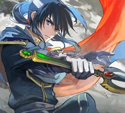 Rule 34 | 1boy, blue eyes, blue hair, cape, closed mouth, fire emblem, fire emblem: genealogy of the holy war, gloves, headband, holding, holding weapon, looking at viewer, male focus, medium hair, nij 24, nintendo, ponytail, seliph (fire emblem), solo, sword, weapon