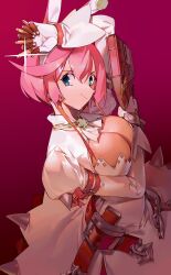 Rule 34 | 1girl, animal ears, arm under breasts, arm up, belt, blue eyes, breasts, bullet, cleavage, cleavage cutout, clothing cutout, clover, dress, earrings, elphelt valentine, fake animal ears, four-leaf clover, from side, guilty gear, guilty gear xrd, gun, hair between eyes, handgun, highres, holding, holding bullet, holding gun, holding weapon, jewelry, large breasts, long sleeves, looking at viewer, pink hair, rabbit ears, red background, short hair, smile, solo, spikes, weapon, wedding dress, xu sanchuan