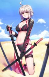 Rule 34 | 1girl, ahoge, bad id, bad pixiv id, beach, black footwear, black gloves, blue sky, blurry, breasts, cleavage, cloud, collarbone, day, depth of field, diffraction spikes, fate/grand order, fate (series), gloves, grin, highres, holding, holding sword, holding weapon, horizon, jeanne d&#039;arc alter (swimsuit berserker) (fate), jeanne d&#039;arc (fate), jeanne d&#039;arc alter (fate), jeanne d&#039;arc alter (swimsuit berserker) (fate), katana, kinata 1, kneeling, leg belt, long sleeves, looking at viewer, medium breasts, navel, outdoors, shadow, sheath, sheathed, shoes, short hair, shrug (clothing), silver hair, sky, smile, solo, stomach, sword, v-shaped eyebrows, weapon, yellow eyes