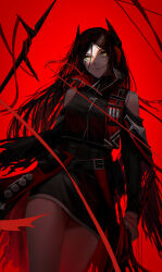 Rule 34 | 1girl, absurdres, arknights, bare shoulders, belt, black belt, black hair, black shirt, black skirt, commentary request, cowboy shot, highres, horns, ines (arknights), long hair, long sleeves, looking at viewer, pantyhose, parted lips, pencil skirt, red background, ressec, shirt, skirt, solo, standing, thighs, very long hair, yellow eyes