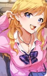 Rule 34 | 1girl, adjusting hair, blonde hair, blue eyes, blue neckwear, blush, bow, bowtie, breasts, candy, cardigan, cleavage, collarbone, commentary request, food, from above, goshiki suzu, hand up, highres, idolmaster, idolmaster cinderella girls, jewelry, large breasts, long hair, looking at viewer, looking up, necklace, ohtsuki yui, open mouth, pink cardigan, shirt, smile, solo, striped bow, striped bowtie, striped clothes, striped neckwear, white shirt