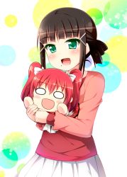 Rule 34 | 10s, 1girl, :d, black hair, blush, blush stickers, bow, character doll, commentary request, cropped jacket, doll, green eyes, hair bow, hair bun, hair up, holding, holding doll, jacket, kurosawa dia, kurosawa ruby, long sleeves, looking at viewer, love live!, love live! school idol festival, love live! sunshine!!, mole, mole under mouth, nesoberi, o o, open mouth, pink jacket, red hair, red shirt, shirt, single hair bun, skirt, smile, solo, standing, tekehiro, two side up, white bow, white skirt