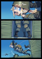 Rule 34 | 1girl, 1other, absurdres, aircraft, airplane, backpack, bag, blonde hair, blue eyes, boots, commentary, english commentary, erica (naze1940), helmet, highres, long hair, military, military uniform, original, ponytail, skydive, tears, uniform