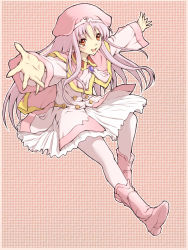 Rule 34 | 1girl, azmaria hendric, bad id, bad pixiv id, beret, boots, capelet, chrno crusade, hat, light purple hair, orange eyes, outstretched hand, pantyhose, pink background, pink footwear, rovu, solo, white pantyhose