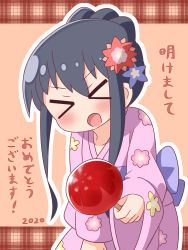 Rule 34 | &gt; &lt;, 1girl, 2020, :d, black hair, blue bow, blue flower, blush, bow, brown background, candy apple, closed eyes, facing viewer, floral print, flower, food, hair between eyes, hair flower, hair ornament, hana kazari, highres, holding, holding food, japanese clothes, kimono, leaning forward, long sleeves, obi, open mouth, outline, pink kimono, print kimono, red flower, sash, shirosaki hana, sidelocks, sleeves past wrists, smile, solo, translated, v-shaped eyebrows, watashi ni tenshi ga maiorita!, white outline, wide sleeves, xd