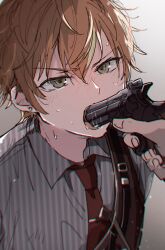 Rule 34 | 1boy, backlighting, blonde hair, blush, collared shirt, commentary request, earrings, gradient background, green eyes, grey background, gun, gun in mouth, hair between eyes, highres, holding, holding gun, holding weapon, jewelry, kuuu uuuu, male focus, multicolored hair, necktie, open mouth, orange hair, project sekai, red necktie, shinonome akito, shirt, short hair, solo focus, streaked hair, striped clothes, striped shirt, stud earrings, sweat, two-tone hair, upper body, vertical-striped clothes, vertical-striped shirt, weapon
