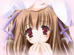 Rule 34 | 1girl, animal ears, blush, brown hair, close-up, frown, game cg, hair ribbon, hand on another&#039;s head, long hair, lump of sugar, moekibara fumitake, non-web source, piz, purism egoist, rabbit ears, red eyes, ribbon, robot, smile, solo focus, twintails