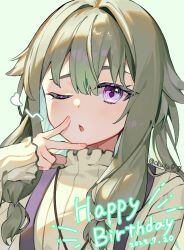 1girl ;o blush commentary_request dated fingernails green_background green_hair hair_between_eyes hair_flaps hand_up happy_birthday kusanagi_nene long_sleeves looking_at_viewer low-tied_sidelocks okuta0_0 one_eye_closed open_mouth project_sekai purple_eyes ribbed_sweater sidelighting sidelocks simple_background sleeves_past_wrists solo sweater turtleneck turtleneck_sweater twitter_username upper_body v v_over_mouth white_sweater