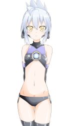 Rule 34 | 1girl, android, arms behind back, bright pupils, elbow gloves, female focus, gloves, highres, midriff, niwaka potato, original, silver hair, simple background, solo, standing, white background, white pupils, yellow eyes