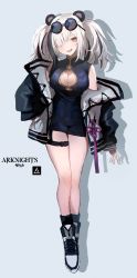 Rule 34 | 1girl, animal ears, arknights, breasts, china dress, chinese clothes, cleavage cutout, clothing cutout, copyright name, dress, eyewear on head, feater (arknights), full body, grey hair, highres, jacket, large breasts, mochii, panda ears, red eyes, solo, sunglasses, twintails