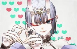 Rule 34 | 1girl, bare shoulders, blue eyes, eyeliner, fate/grand order, fate (series), headpiece, heart, heart hands, horns, isagiyo, looking at viewer, makeup, one eye closed, oni, pointy ears, purple hair, short hair, shuten douji (fate), skin-covered horns, smile, solo