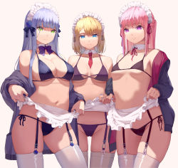 Rule 34 | 3girls, absurdres, apron, apron lift, apron pull, bikini, blonde hair, blue eyes, blunt bangs, breasts, cleavage, closed mouth, clothes lift, clothes pull, collarbone, detached collar, g36 (girls&#039; frontline), girls&#039; frontline, green eyes, highres, hk416 (girls&#039; frontline), large breasts, lifting own clothes, long hair, long sleeves, maid apron, maid headdress, medium breasts, multiple girls, navel, pink hair, purple eyes, ren huozhe, side-tie bikini bottom, silver hair, simple background, skindentation, small breasts, st ar-15 (girls&#039; frontline), swimsuit, thighhighs, thighs, white background, white legwear