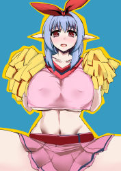 Rule 34 | 1girl, ashling (no-plan), belly, blue hair, blush, bow, breasts, cheerleader, collarbone, covered erect nipples, hair bow, highres, kawasumi (ashling), large breasts, long hair, looking at viewer, navel, open mouth, outline, pink shirt, pink skirt, pointy ears, pom pom (cheerleading), red bow, red eyes, shirt, skirt, smile, tank top, underboob