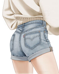 Rule 34 | 1girl, arms at sides, ass, ass focus, blue shorts, brown sweater, denim, denim shorts, facing ahead, from behind, head out of frame, legs apart, long sleeves, lower body, mattaku mousuke, original, short shorts, shorts, signature, simple background, solo, sweater, thighs, white background
