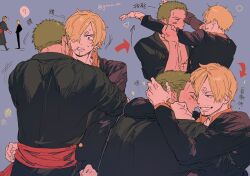Rule 34 | 2boys, bear, beard, black jacket, blonde hair, blue background, blue eyes, closed eyes, colored skin, commentary request, facial hair, flustered, green hair, green kimono, heart, highres, hug, jacket, japanese clothes, kimono, looking at another, male focus, mature male, multiple boys, one piece, orange shirt, roronoa zoro, sanji (one piece), scar, scar on chest, scar on face, shirt, short hair, smile, surprised, tan, teeth, thick eyebrows, white skin, yaoi, ynnn m