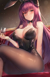 Rule 34 | 1girl, alcohol, animal ears, arm behind back, bare shoulders, black leotard, black pantyhose, blush, bow, bowtie, breasts, couch, crossed legs, cup, curvy, detached collar, drinking glass, fake animal ears, fate/grand order, fate (series), fishnet pantyhose, fishnets, glint, hair between eyes, highres, holding, holding cup, large breasts, leotard, light particles, long hair, looking at viewer, motokonut, official alternate costume, pantyhose, playboy bunny, purple hair, rabbit ears, red eyes, scathach (fate), scathach (piercing bunny) (fate), shiny skin, sidelocks, sitting, smile, solo, very long hair, wine glass, wrist cuffs