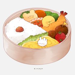 Rule 34 | 2others, animal-themed food, artist name, bear, bento, bird, character name, cherry tomato, chick, chicken, commentary, cookie, egg (food), english text, food, food focus, grey background, highres, in food, kimipiyo (tenmiyakiyo), lettuce, meatball, mini flag, multiple others, no humans, omelet, on food, original, oversized food, oversized object, pennant, plaid, rabbit, rice, shrimp, shrimp tempura, signature, simple background, symbol-only commentary, tamagoyaki, tempura, tenmiyakiyo, tomato, usachii (tenmiyakiyo)