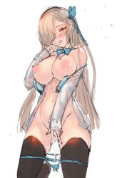 Rule 34 | 1girl, aftersex, asuna (blue archive), bare shoulders, black thighhighs, blonde hair, blue archive, blue bra, blue panties, blush, bow, bowtie, bra, breasts, butterfly hair ornament, cum, cum in pussy, cumdrip, female focus, hair ornament, hand to own mouth, heart, heart-shaped pupils, lactation, large breasts, long hair, looking at viewer, nipples, off shoulder, open bra, open clothes, open mouth, open shirt, panties, sakura rock, shirt, simple background, solo, standing, symbol-shaped pupils, thighhighs, underwear, white background, white shirt