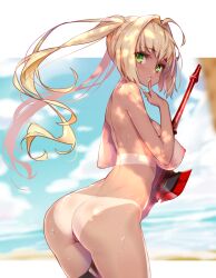 Rule 34 | 1girl, absurdres, aestus estus, ahoge, ass, bikini tan, blonde hair, blurry, breasts, cowboy shot, day, depth of field, dimples of venus, fate/grand order, fate (series), finger to mouth, from behind, hair intakes, highres, hip focus, hong (white spider), large breasts, leaning forward, long hair, looking at viewer, looking back, nero claudius (fate), nero claudius (fate) (all), nero claudius (fate/extra), nipples, nude, outdoors, outside border, parted lips, solo, tan, tanline, twintails, wet