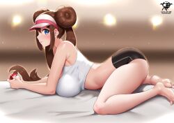 Rule 34 | 1girl, arched back, barefoot, bed sheet, breasts, brown hair, closed mouth, creatures (company), crop top, double bun, doughnut hair bun, feet, from side, full body, game freak, hair bun, highres, holding, holding poke ball, kaos art, large breasts, legs, light particles, long hair, looking at viewer, lying, midriff, nintendo, on stomach, poke ball, poke ball (basic), pokemon, pokemon bw2, rosa (pokemon), short shorts, shorts, soles, solo, tank top, thighs, toes, twintails, visor cap, white tank top
