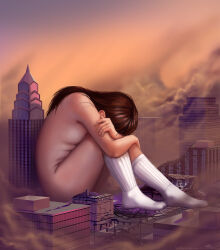 Rule 34 | 1girl, breasts, brown hair, building, crying, destruction, fetal position, giant, giantess, long hair, medium breasts, naked socks, nude, solo