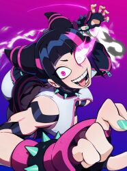 Rule 34 | 1girl, aisendraw, aqua nails, black hair, bracelet, breasts, collar, fangs, fingerless gloves, gloves, glowing, glowing eye, gradient background, han juri, highres, jewelry, large breasts, looking at viewer, nails, open mouth, pink background, pink eyes, purple background, smile, spiked bracelet, spiked collar, spiked hair, spikes, street fighter, street fighter 6, tongue, tongue out