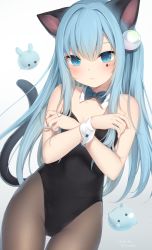 Rule 34 | 1girl, amashiro natsuki, animal ears, bad id, bad twitter id, bare shoulders, black leotard, blue bow, blue bowtie, blue eyes, blue hair, blush, bow, bowtie, brown pantyhose, cat ears, cat girl, cat tail, character name, closed mouth, collar, commentary, cowboy shot, crossed arms, detached collar, facial mark, gradient background, grey background, hair between eyes, highres, kittysuit, leotard, long hair, looking at viewer, nekoha shizuku, nontraditional playboy bunny, original, pantyhose, solo, strapless, strapless leotard, symbol-only commentary, tail, very long hair, white background, white collar, wrist cuffs