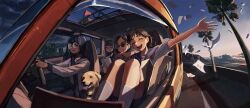 Rule 34 | 4girls, absurdres, black hair, blue sailor collar, blue skirt, brown hair, building, car, clenched teeth, closed eyes, commentary, cup, dog, drinking straw, driving, glasses, highres, holding, holding cup, kneehighs, knees up, long sleeves, making-of available, map, motor vehicle, multiple girls, neckerchief, ocean, one eye closed, open mouth, open window, original, palm tree, pleated skirt, ponytail, red neckerchief, sailor collar, school uniform, seatbelt, serafuku, shirt, short hair, short sleeves, skirt, smile, socks, sunglasses, teeth, tree, upper teeth only, white shirt, white socks, window, zenroziura