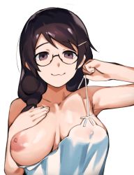 Rule 34 | 1girl, :3, bare shoulders, braid, breasts, breasts apart, brown hair, camisole, cleavage, clothes pull, covered erect nipples, glasses, hanekawa tsubasa, large breasts, monogatari (series), nipples, one breast out, puffy nipples, roropull, solo