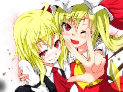 Rule 34 | 2girls, ;d, ahoge, arm garter, ascot, blonde hair, blush, bow, dress shirt, eyelashes, fang, female focus, flandre scarlet, foreshortening, frills, hair bow, happy, hat, hat bow, highres, hug, light smile, looking at viewer, mob cap, multiple girls, one eye closed, open mouth, outstretched arm, red eyes, rumia, s-ghost, shirt, short hair, simple background, skirt, skirt set, smile, touhou, uneven eyes, v, vest, white shirt, wings, wink