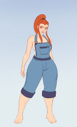 Rule 34 | 1girl, barefoot, breasts, brigitte (overwatch), brown eyes, feet, freckles, full body, grey background, high ponytail, highres, lips, long hair, long legs, looking at viewer, medium breasts, naked overalls, nanodeath, no bra, nose, orange hair, overalls, overwatch, overwatch 1, pants, pants rolled up, ponytail, sideboob, sidelocks, solo, standing, thick thighs, thighs, toes