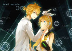 Rule 34 | 1boy, 1girl, blonde hair, blue eyes, blush, brother and sister, glasses, hair ornament, hairclip, hand on another&#039;s face, headphones, kagamine len, kagamine rin, long sleeves, looking at another, neckerchief, parted lips, ryuu32, short hair, siblings, sleeveless, smile, twins, vocaloid, yellow neckerchief