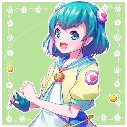 Rule 34 | 1girl, :d, aqua eyes, aqua hair, blue gloves, commentary request, fingerless gloves, gloves, green background, hagoromo lala, highres, jewelry, looking at viewer, open mouth, pendant, pointy ears, precure, sayousuke, short hair, short sleeves, single glove, smile, solo, star-shaped pupils, star (symbol), star twinkle precure, symbol-shaped pupils